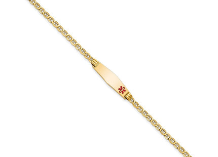 14K Medical Semi-Solid Chain/Solid Plate Soft Diamond Shape Off-Center Red Enamel Anchor Link ID Bracelet (Style XM558FC-7)