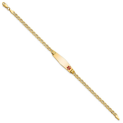 14K Medical Semi-Solid Chain/Solid Plate Soft Diamond Shape Off-Center Red Enamel Anchor Link ID Bracelet