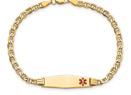 14K Medical Semi-Solid Chain/Solid Plate Soft Diamond Shape Off-Center Red Enamel Anchor Link ID Bracelet (Style XM558FC-7)