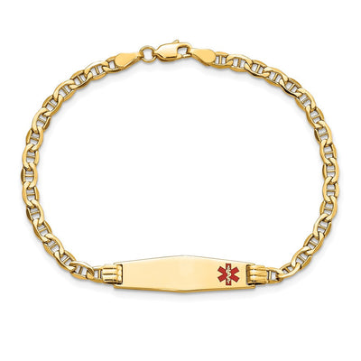 14K Medical Semi-Solid Chain/Solid Plate Soft Diamond Shape Off-Center Red Enamel Anchor Link ID Bracelet