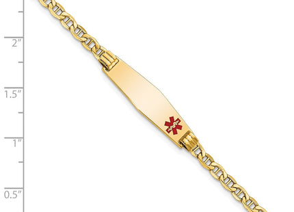 14K Medical Semi-Solid Chain/Solid Plate Soft Diamond Shape Off-Center Red Enamel Anchor Link ID Bracelet (Style XM558FC-7)