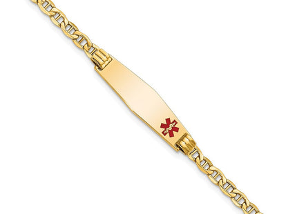 14K Medical Semi-Solid Chain/Solid Plate Soft Diamond Shape Off-Center Red Enamel Anchor Link ID Bracelet (Style XM558FC-7)