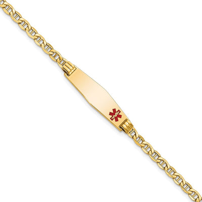 14K Medical Semi-Solid Chain/Solid Plate Soft Diamond Shape Off-Center Red Enamel Anchor Link ID Bracelet