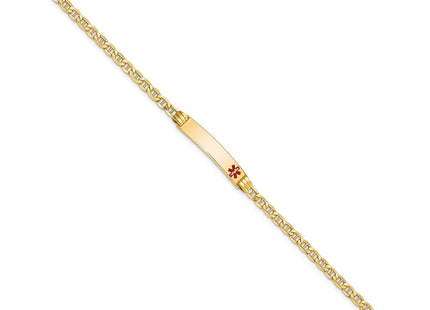 14k Medical Semi-Solid Chain/Solid Plate Off-Center Red Enamel Anchor Link ID Bracelet (Style XM558FR-7)