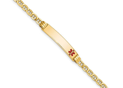 14k Medical Semi-Solid Chain/Solid Plate Off-Center Red Enamel Anchor Link ID Bracelet (Style XM558FR-7)