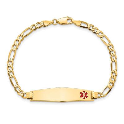 14K Medical Solid Chain/Solid Plate Non-Enameled Soft Diamond Shape Off-Center Flat Figaro Link ID Bracelet