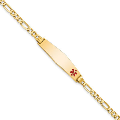 14K Medical Solid Chain/Solid Plate Non-Enameled Soft Diamond Shape Off-Center Flat Figaro Link ID Bracelet