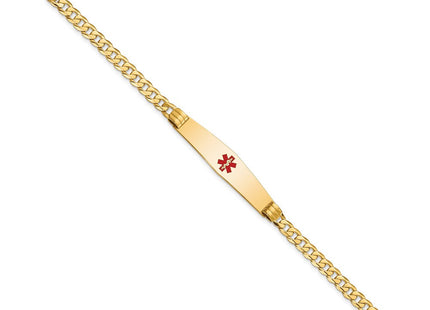 14K Medical Solid Chain/Solid Plate Soft Diamond Shape Centered Red Enamel Curb Link ID Bracelet (Style XM567CC-7)