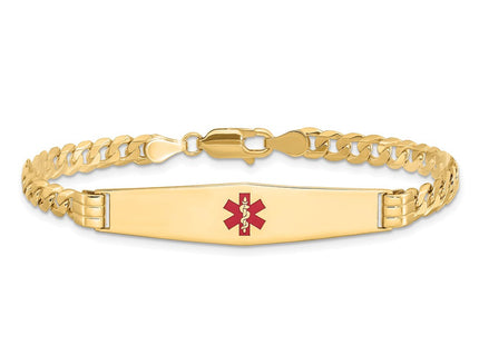 14K Medical Solid Chain/Solid Plate Soft Diamond Shape Centered Red Enamel Curb Link ID Bracelet (Style XM567CC-7)