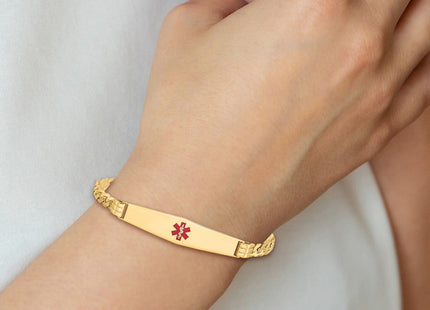 14K Medical Solid Chain/Solid Plate Soft Diamond Shape Centered Red Enamel Curb Link ID Bracelet (Style XM567CC-7)