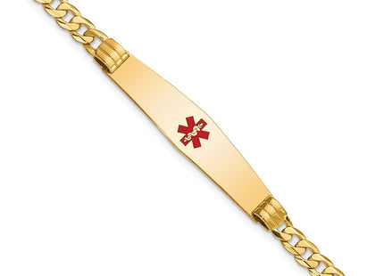 14K Medical Solid Chain/Solid Plate Soft Diamond Shape Centered Red Enamel Curb Link ID Bracelet (Style XM567CC-7)