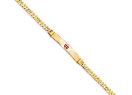 14K Medical Solid Chain/Solid Plate Centered Red Enamel Curb Link ID Bracelet (Style XM567CR-7)