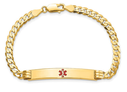 14K Medical Solid Chain/Solid Plate Centered Red Enamel Curb Link ID Bracelet (Style XM567CR-7)