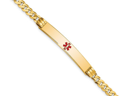 14K Medical Solid Chain/Solid Plate Centered Red Enamel Curb Link ID Bracelet (Style XM567CR-7)