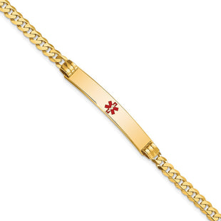 14K Medical Solid Chain/Solid Plate Centered Red Enamel Curb Link ID Bracelet (Style XM567CR-7)