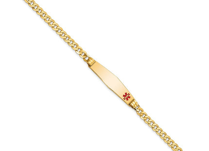 14K Medical Solid Chain/Solid Plate Soft Diamond Shape Off-Center Red Enamel Curb Link ID Bracelet (Style XM567FC-7)