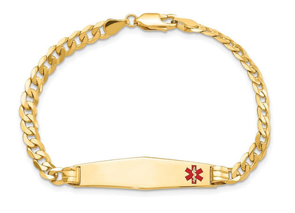 14K Medical Solid Chain/Solid Plate Soft Diamond Shape Off-Center Red Enamel Curb Link ID Bracelet (Style XM567FC-7)