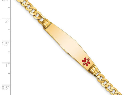14K Medical Solid Chain/Solid Plate Soft Diamond Shape Off-Center Red Enamel Curb Link ID Bracelet (Style XM567FC-7)