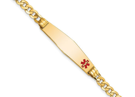 14K Medical Solid Chain/Solid Plate Soft Diamond Shape Off-Center Red Enamel Curb Link ID Bracelet (Style XM567FC-7)
