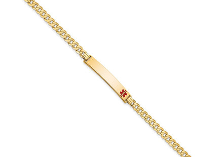 14K Medical Solid Chain/Solid Plate Off-Center Red Enamel Curb Link ID Bracelet (Style XM567FR-7)