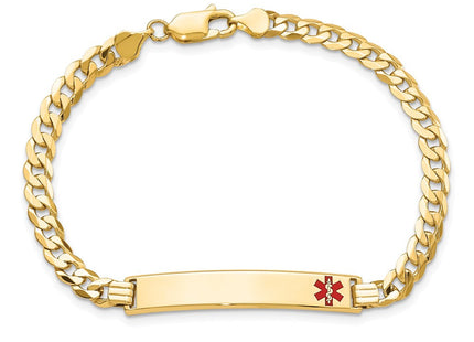 14K Medical Solid Chain/Solid Plate Off-Center Red Enamel Curb Link ID Bracelet (Style XM567FR-7)