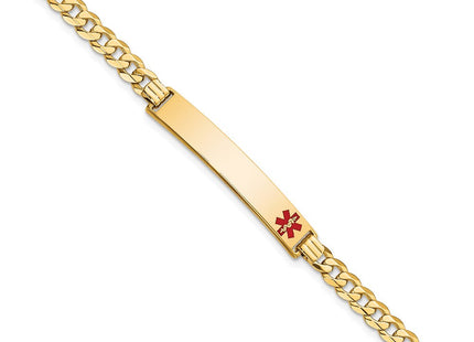 14K Medical Solid Chain/Solid Plate Off-Center Red Enamel Curb Link ID Bracelet (Style XM567FR-7)