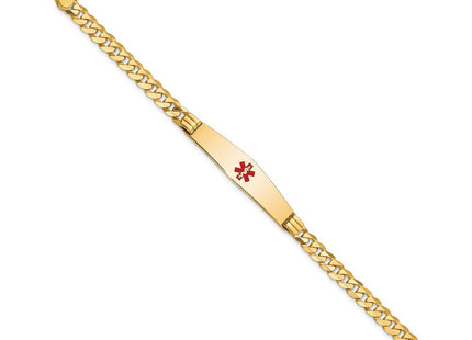 14K Medical Solid Chain/Solid Plate Soft Diamond Shape Centered Red Enamel Curb Link ID Bracelet (Style XM568CC-7)