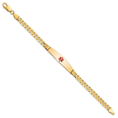 14K Medical Solid Chain/Solid Plate Soft Diamond Shape Centered Red Enamel Curb Link ID Bracelet, 7 x 9mm