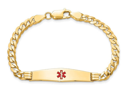 14K Medical Solid Chain/Solid Plate Soft Diamond Shape Centered Red Enamel Curb Link ID Bracelet (Style XM568CC-7)
