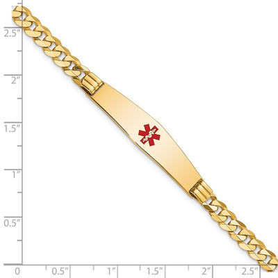 14K Medical Solid Chain/Solid Plate Soft Diamond Shape Centered Red Enamel Curb Link ID Bracelet, 7 x 9mm