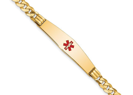 14K Medical Solid Chain/Solid Plate Soft Diamond Shape Centered Red Enamel Curb Link ID Bracelet (Style XM568CC-7)