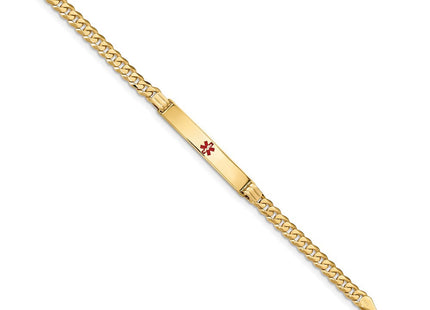 14K Medical Solid Chain/Solid Plate Centered Red Enamel Curb Link ID Bracelet (Style XM568CR-7)