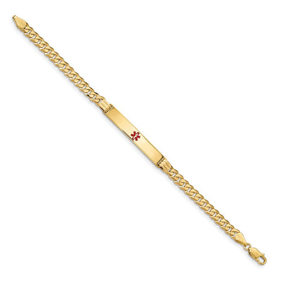 14K Medical Solid Chain/Solid Plate Centered Red Enamel Curb Link ID Bracelet, 7 x 6.5mm