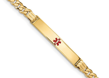 14K Medical Solid Chain/Solid Plate Centered Red Enamel Curb Link ID Bracelet (Style XM568CR-7)