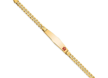 14K Medical Solid Chain/Solid Plate Soft Diamond Shape Off-Center Red Enamel Curb Link ID Bracelet (Style XM568FC-7)