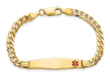14K Medical Solid Chain/Solid Plate Soft Diamond Shape Off-Center Red Enamel Curb Link ID Bracelet (Style XM568FC-7)