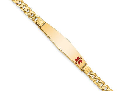 14K Medical Solid Chain/Solid Plate Soft Diamond Shape Off-Center Red Enamel Curb Link ID Bracelet (Style XM568FC-7)