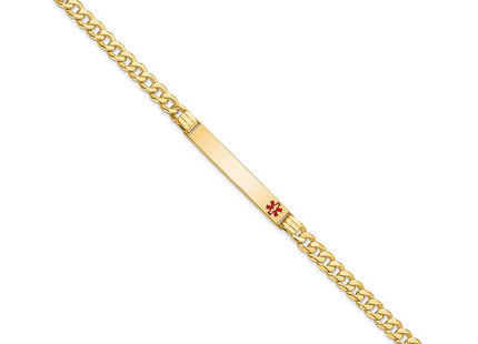 14K Medical Solid Chain/Solid Plate Off-Center Red Enamel Curb Link ID Bracelet (Style XM568FR-7)