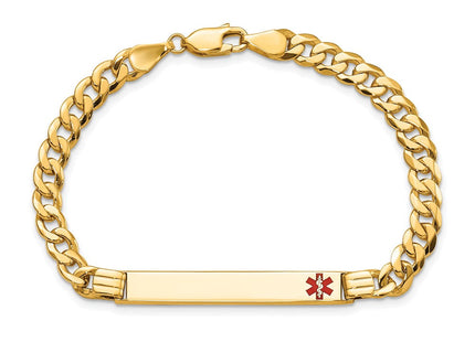 14K Medical Solid Chain/Solid Plate Off-Center Red Enamel Curb Link ID Bracelet (Style XM568FR-7)