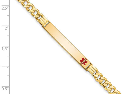 14K Medical Solid Chain/Solid Plate Off-Center Red Enamel Curb Link ID Bracelet (Style XM568FR-7)