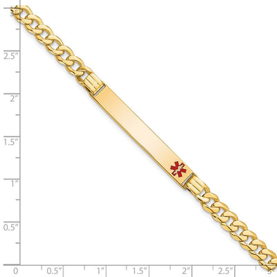 14K Medical Solid Chain/Solid Plate Off-Center Red Enamel Curb Link ID Bracelet, 7 x 6.5mm