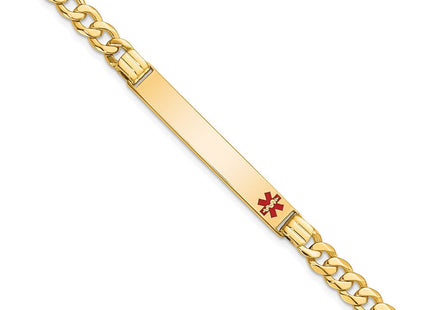 14K Medical Solid Chain/Solid Plate Off-Center Red Enamel Curb Link ID Bracelet (Style XM568FR-7)