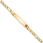 14K Medical Semi-Solid Chain/Solid Plate Soft Diamond Shape Off-Center Red Enamel Figaro Link ID Bracelet, 7 x 9mm view