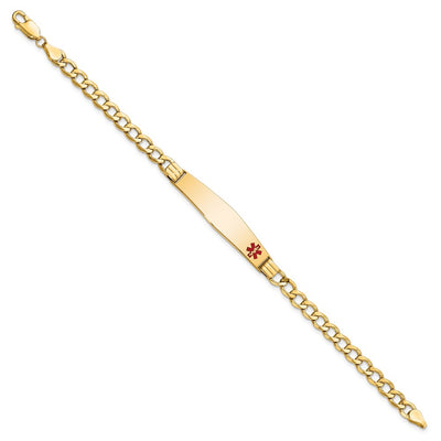 14K Medical Semi-Solid Chain/Solid Plate Soft Diamond Shape Off-Center Red Enamel Cuban Link ID Bracelet, 7 x 9mm