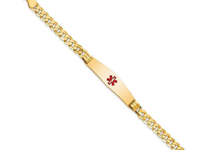 14K Medical Solid Chain/Solid Plate Soft Diamond Shape Centered Red Enamel Curb Link ID Bracelet (Style XM574CC-7)