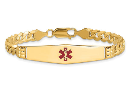 14K Medical Solid Chain/Solid Plate Soft Diamond Shape Centered Red Enamel Curb Link ID Bracelet (Style XM574CC-7)