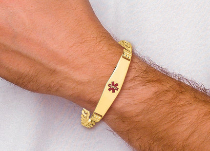 14K Medical Solid Chain/Solid Plate Soft Diamond Shape Centered Red Enamel Curb Link ID Bracelet (Style XM574CC-7)