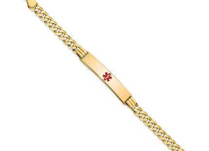 14K Medical Solid Chain/Solid Plate Centered Red Enamel Curb Link ID Bracelet (Style XM574CR-7)