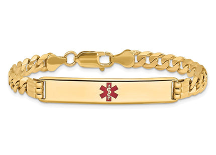 14K Medical Solid Chain/Solid Plate Centered Red Enamel Curb Link ID Bracelet (Style XM574CR-7)