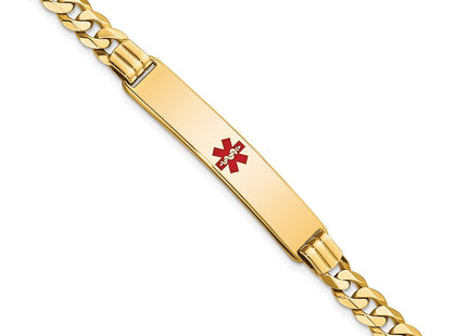 14K Medical Solid Chain/Solid Plate Centered Red Enamel Curb Link ID Bracelet (Style XM574CR-7)